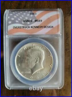 1963 $1 Silver Kennedy Design Coin Anacs Ms69 Overstrike