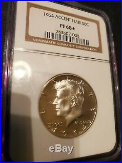 1964 ACCENT ACCENTED HAIR SILVER PROOF KENNEDY HALF DOLLAR 50c NGC PF68 STAR