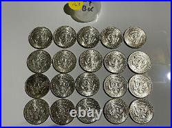1964 BU Uncirculated 20 Coins 90% Silver Kennedy Half Dollars Roll 50c