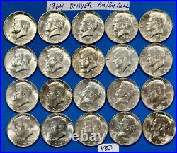 1964 D Kennedy 90% Silver Half Dollar Roll of 20 AU / BU Half Dollar Coins #K5D