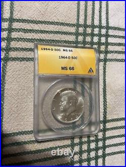 1964 D Kennedy half dollar 90% silver ANACS MS66