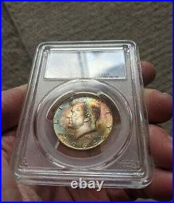 1964-D Kennedy silver half dollar PCGS MS65 rainbow toned obverse and reverse