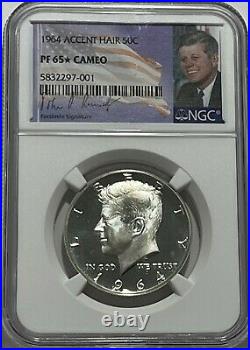 1964 NGC PF65 STAR CAMEO PROOF SILVER KENNEDY ACCENT HAIR HALF JFK COIN 50c SIGN
