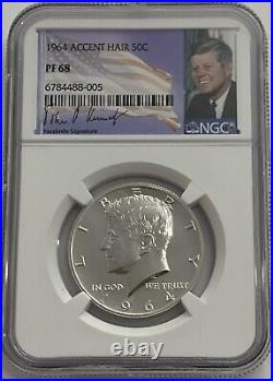 1964 NGC PF68 PROOF SILVER KENNEDY ACCENT HAIR HALF JFK COIN 50c SIGNATURE LABEL