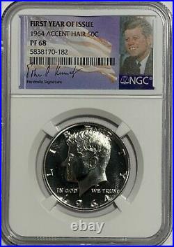 1964 NGC PF68 PROOF SILVER KENNEDY ACCENT HAIR HALF JFK COIN 50c SIGNATURE LABEL
