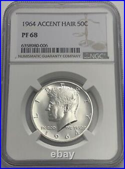 1964 NGC PF68 PROOF SILVER KENNEDY ACCENT HAIR HALF JFK COIN 50c WHITE LABEL