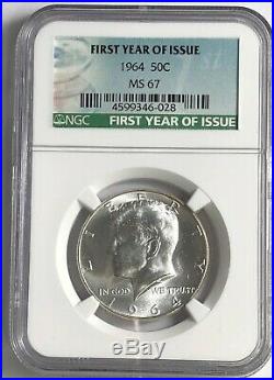 1964 Ngc Ms67 Silver Kennedy Half Dollar First Year Issue Label 90% Jfk Coin