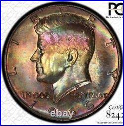 1966-P Kennedy Half Dollar SMS PCGS SP65 Vivid Double Rainbow Toned Obv & Rev