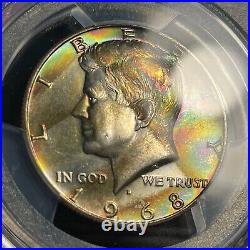1968-D 50c Kennedy Half Dollar Neon Tape Toned Rainbow End Roll Color PCGS MS66