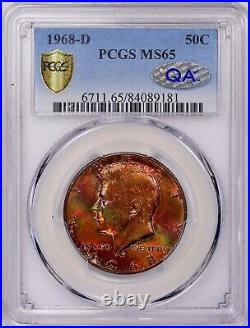 1968-D Kennedy Half Dollar PCGS MS65 QA Certified Monster Color Rainbow Toned