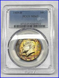 1969-D 50C Kennedy Silver Half Dollar PCGS MS65 Rainbow Toned US Coin TAPE TONER