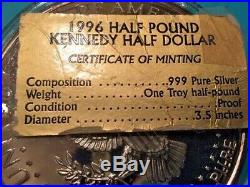 1996 Giant Silver Kennedy Half Dollar Proof 1/2 Pound 8 Oz. 999 Fine Silver