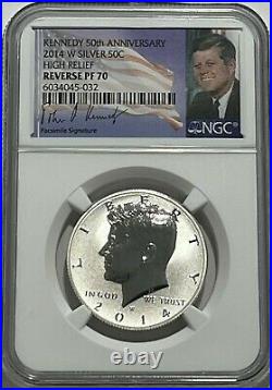 2014 W NGC PF70 SILVER REVERSE PROOF KENNEDY 90 % SIGNATURE 50TH ANNIVERSARY 50c