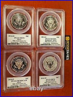 2014 W Reverse Proof Silver Kennedy 4 Coin Pcgs Pr70 Ms70 Pl 50th Ann Set Philly