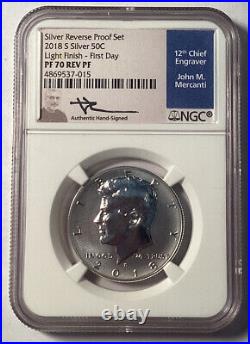 2018 S Silver Reverse Proof Kennedy Half Dollar, Light Finish-First Day, PF70