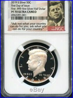 2019 S First. 999 Fine Silver Kennedy 50C FIRST DAY OF ISSUE NGC PF70 U. C. P
