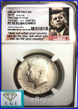 2019-s-pf -70, Ngc First Day Issue Kennedy Half 99.9% Silver, Frm 10 Pc Set