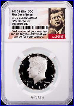 2020-S. 999 oz Silver Kennedy Half Dollar First Day of Issue PF70 Ultra Cameo