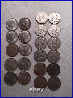 (20) 90% Silver Half Dollars (10)1964 Kennedy &(10) Franklin 1950-63