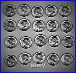 20 Pcs, 1 Roll. 900% Silver Kennedy Half Dollars, 1964-p, Proof Like, Bu Unc