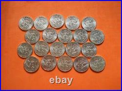 20 USA Kennedy Half Dollars 1964, BU Mint State. 90% Silver 7.2 oz Troy