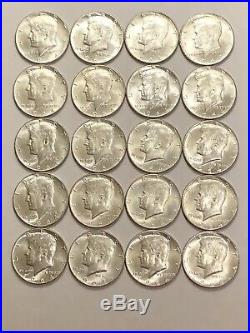 Full Roll Of (20) Kennedy Silver Half Dollars 90% Lot 1964 Dates BU Grade Coins
