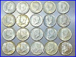 LOT of 20 Kennedy Half Dollars $10FV 1964 90% Roll United States Silver Coins