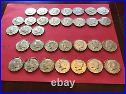 Lot of 32 Kennedy Silver Half Dollars BU 40% Silver Coins. 1965 to 1968