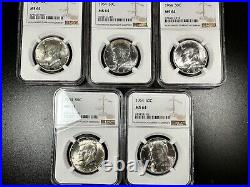 Lot of 5 Bright 1964 NGC MS64 White Silver Kennedy Half Dollars First Year 90%