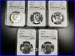 Lot of 5 Bright 1964 NGC MS64 White Silver Kennedy Half Dollars First Year 90%