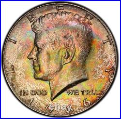MS64 1966 50C Kennedy Silver Half Dollar, PCGS Secure- Rainbow Album Toned