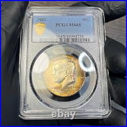 MS65 1967 50C Kennedy Silver Half Dollar, PCGS Trueview- Rainbow Toned