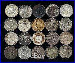 One Roll 1964 Kennedy Half Dollars 90% Silver (20 Coins) Worn/damaged B80