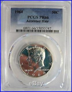 PCGS-Certified, PF66, 1964 Silver Kennedy Half Dollar Coin with Accented Hair