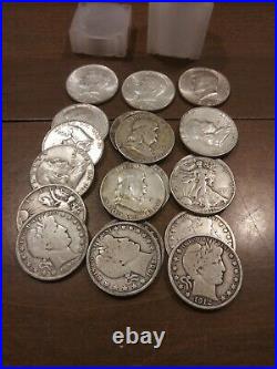 Roll Of 20 Mixed Silver Barber, Walking Liberty, Franklin, Kennedy Half Dollars