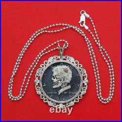 US 1966 Kennedy Half $ Hobo Nickel Style Skull Face 925 Sterling Silver Necklace