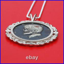 US 1966 Kennedy Half $ Hobo Nickel Style Skull Face 925 Sterling Silver Necklace